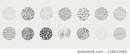 Textures set, collection hand drawn abstract monochrome brush marks. Doodle shapes spots, drops, curves and lines. Contemporary modern trendy 116622668