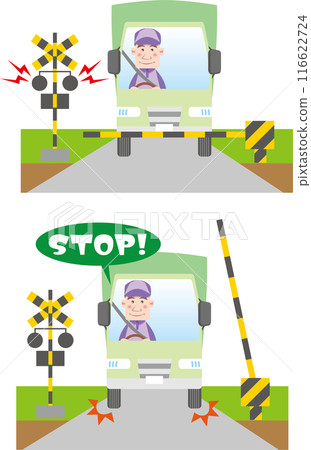Traffic safety (Truck at a railroad crossing, Truck driver (male), Waiting at a railroad crossing, Stopping) Traffic safety (Truck at a railroad crossing, Truck driver (male), Waiting at a railroad crossing, Stopping) 116622724