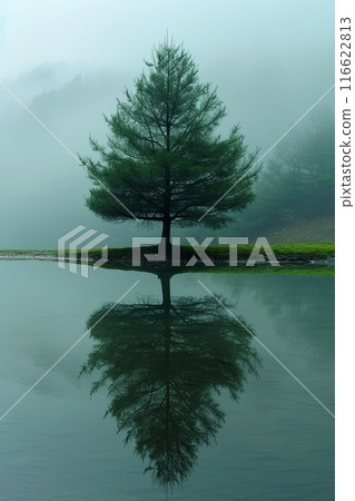 Alone large tree is reflected in the calm water 116622813