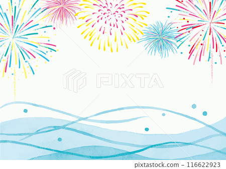 Fireworks and waves watercolor background illustration 116622923