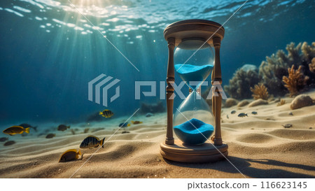 Hourglass in the underwater in the ocean.Time measuring concept.Ai Generated 116623145