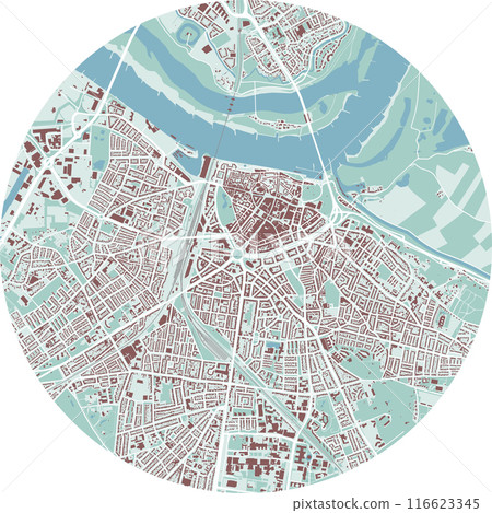 Circle map of Nijmegen, Netherlands. Detailed round map with buildings, roads, parks. 116623345