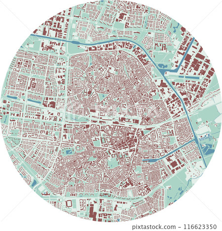 Circle map of Tilburg, Netherlands. Detailed round map with buildings, roads, parks. 116623350