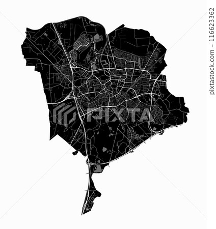 Map of Breda, Netherlands. Black and white city map, metropolitan area. Map of Breda, Netherlands. Black and white city map, metropolitan area. 116623362