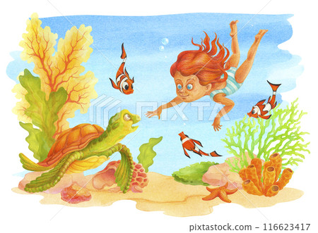 Cartoon child girl diving in coral reef's waters meets sea turtle. Hand drawn watercolor illustration of the underwater world with corals, algae, clown fish for poster, card, kid's diving club banner 116623417