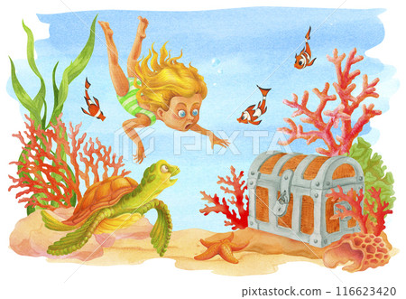 cartoon girl swimming with a sea turtle between corals finding a treasure chest. Hand drawn watercolor illustration of the underwater world for poster, card, kid's diving or insurance banner 116623420