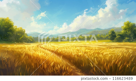 Serene wheat field landscape. Generative AI 116623489
