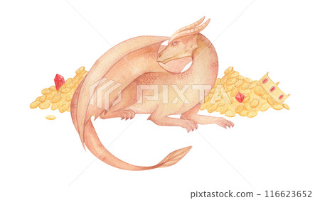 Watercolor illustration of a fantasy dragon in orange and red and pile of treasures. Medieval illustration isolated. Hand drawn, sketch. For children's room decor, poster, invitation Watercolor illustration of a fantasy dragon in orange and red and pile of treasures. Medieval illustration isolated. Hand drawn, sketch. For children's room decor, poster, invitation 116623652
