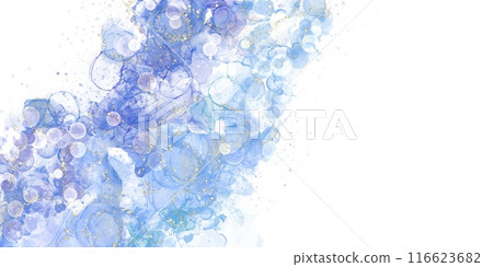 Alcohol ink art horizontal banner. Blue and light blue abstract waves, bubbles and gold glitter on white background Alcohol ink art horizontal banner. Blue and light blue abstract waves, bubbles and gold glitter on white background 116623682