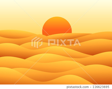 Landscape of sunset in the desert. Gradient landscape sun over sand dunes. Sunrise in the desert in a minimalist style. Design of covers, posters, banners and booklets. Vector illustration 116623695