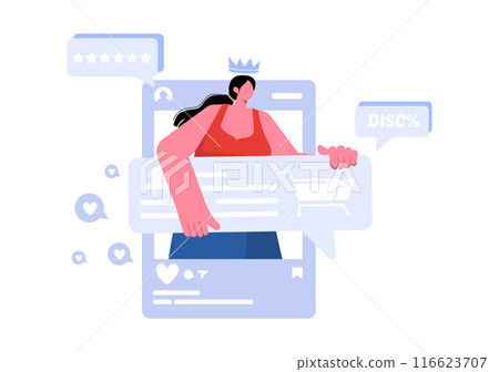 Vector Illustration for a Fashion Blog with Bloggers Reviewing Videos of Fashionable Clothing Trends, Featuring an Online Runway in a Flat Background 116623707
