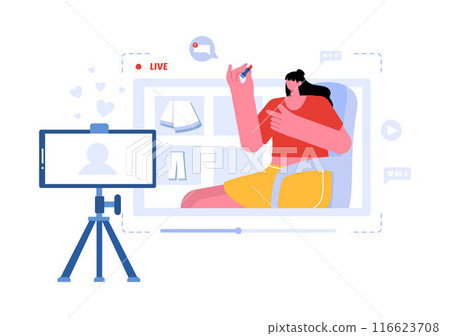Vector Illustration for a Fashion Blog with Bloggers Reviewing Videos of Fashionable Clothing Trends, Featuring an Online Runway in a Flat Background Vector Illustration for a Fashion Blog with Bloggers Reviewing Videos of Fashionable Clothing Trends, Featuring an Online Runway in a Flat Background 116623708