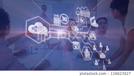Image of network of digital icons over diverse business people Image of network of digital icons over diverse business people 116623827