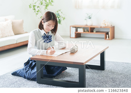 High school girls studying for exams at home 116623848