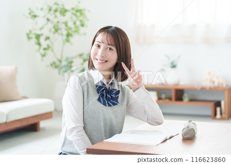 High school girls studying for exams at home 116623860