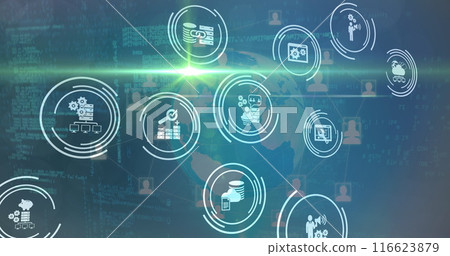 Image of business icons and data processing over globe 116623879