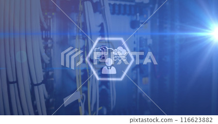Image of technology icons over computer wires Image of technology icons over computer wires 116623882