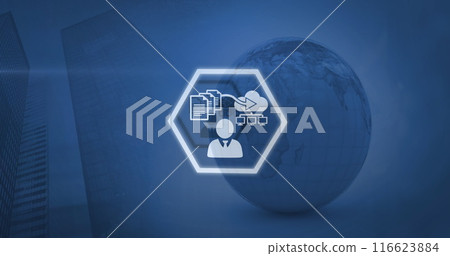 Image of business icons and globe over cityscape 116623884