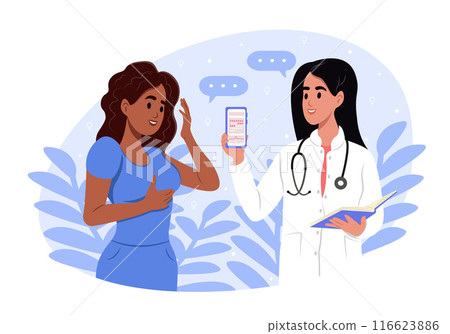 Menstrual cycle tracker mobile app. The doctor is holding a smartphone with graphic representation of period calendar. Vector illustration. Menstrual cycle tracker mobile app. The doctor is holding a smartphone with graphic representation of period calendar. Vector illustration. 116623886