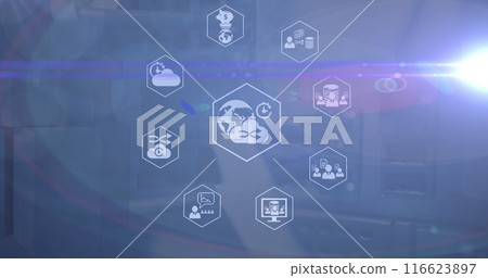 Image of icons and light on navy background 116623897