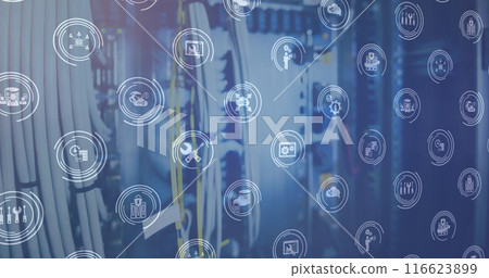 Image of icons and light over computer wires on blue background Image of icons and light over computer wires on blue background 116623899
