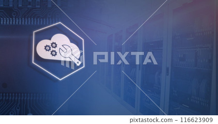 Image of icons and lights over servers on blue background 116623909