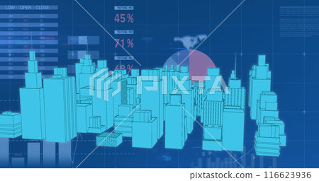 Image of digital city over data processing on blue background Image of digital city over data processing on blue background 116623936