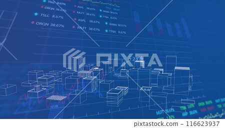 Image of digital city over data processing on blue background Image of digital city over data processing on blue background 116623937