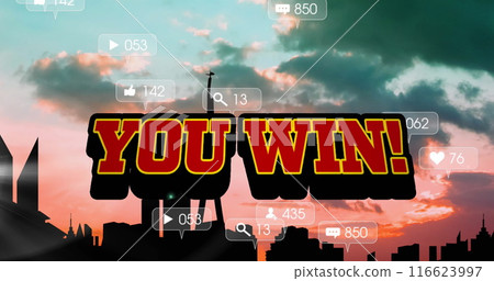 Image of you win and social media reactions over cityscape 116623997