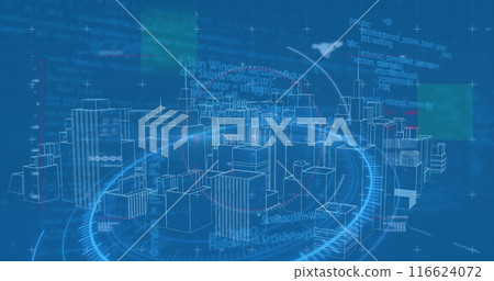 Image of digital city over scope scanning and data processing on blue background Image of digital city over scope scanning and data processing on blue background 116624072