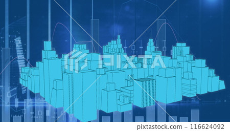 Image of digital city over data processing on blue background Image of digital city over data processing on blue background 116624092