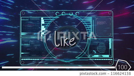 Like text and digital interface with data processing over light trails against blue background Like text and digital interface with data processing over light trails against blue background 116624138