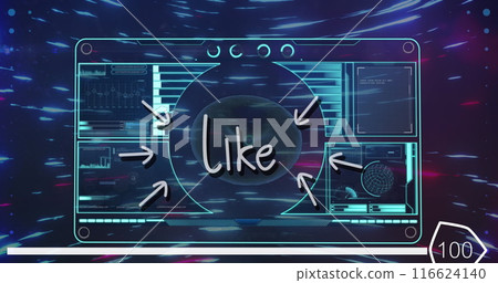 Like text and digital interface with data processing over light trails against blue background Like text and digital interface with data processing over light trails against blue background 116624140
