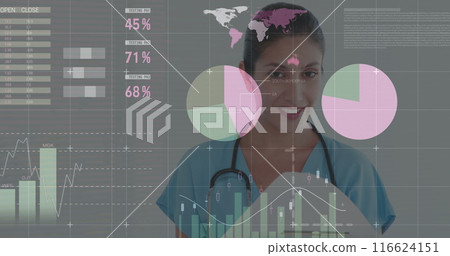 Image of statistics and data processing over caucasian businesswoman using phone headset 116624151