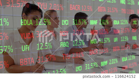 Image of financial data over happy diverse businesspeople working Image of financial data over happy diverse businesspeople working 116624152