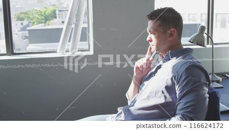 Image of data processing against thoughtful caucasian man sitting on his desk at office 116624172
