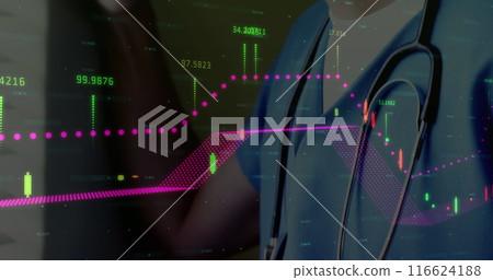 Image of financial graphs over caucasian male doctor 116624188