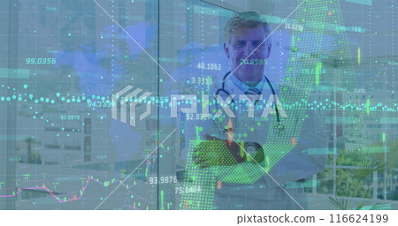 Financial data processing over world map against caucasian senior male doctor smiling at hospital Financial data processing over world map against caucasian senior male doctor smiling at hospital 116624199