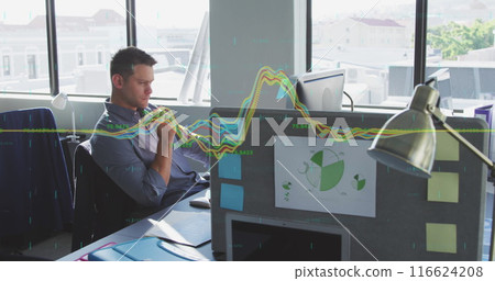 Image of financial data processing against thoughtful caucasian man sitting at office 116624208