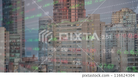 Image of financial graph and data processing over cityscape 116624304