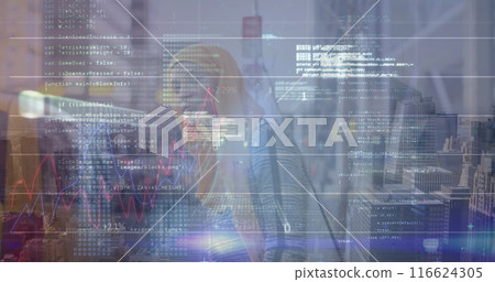 Image of financial data and graphs over middle eastern woman on street 116624305
