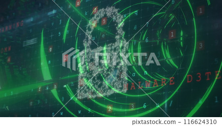 Security padlock icon and cyber security data processing against glowing tunnel in seamless pattern 116624310