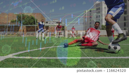 Image of interface processing data over diverse male footballers playing game on pitch 116624320