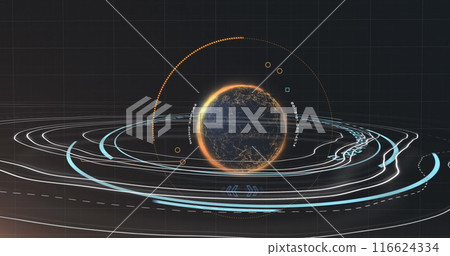 Image of rotating circles over data processing in green and black space Image of rotating circles over data processing in green and black space 116624334