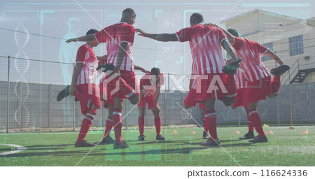 Image of interface processing data over diverse group of male footballers stretching on pitch Image of interface processing data over diverse group of male footballers stretching on pitch 116624336