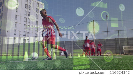 Image of interface processing data over biracial male footballer training on pitch with team 116624342