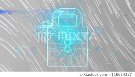 Image of data processing over security padlock icon against light trails on grey background 116624357
