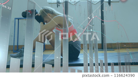 Image of data processing over caucasian woman at gym 116624390