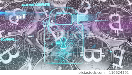 Data processing over security padlock icon against bitcoin coins in background 116624391