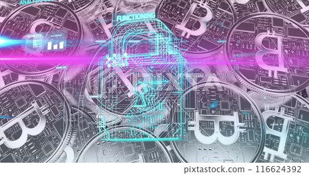 Data processing over security padlock icon against bitcoin coins in background 116624392
